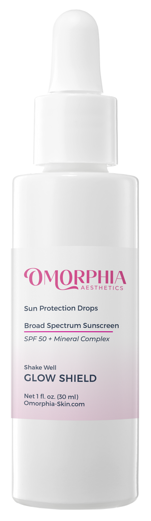 White bottle of Omorpha Skin Sun Protection Drops with dropper.  Mineral Complex SPF30