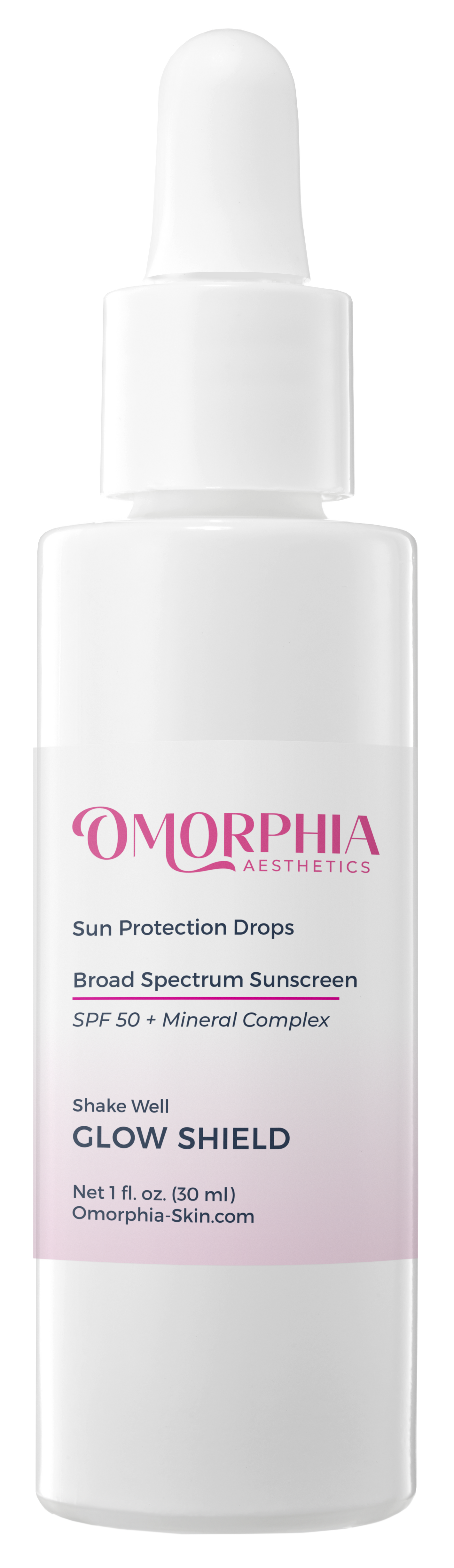 White bottle of Omorpha Skin Sun Protection Drops with dropper.  Mineral Complex SPF30