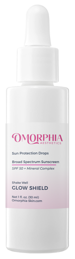 White bottle of Omorpha Skin Sun Protection Drops with dropper.  Mineral Complex SPF30