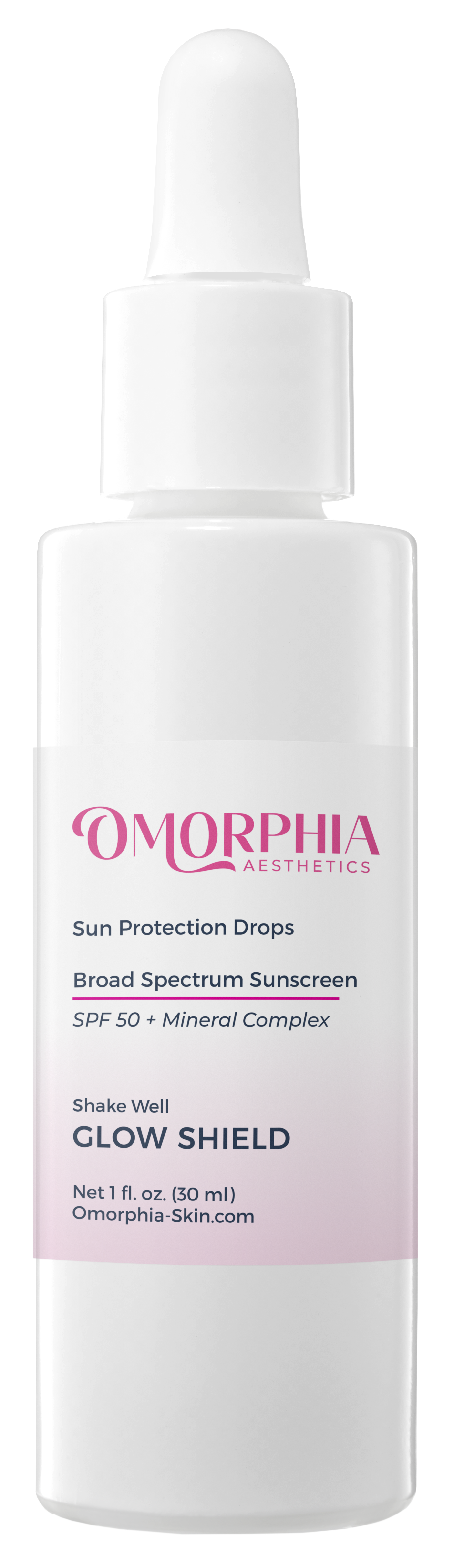 White bottle of Omorpha Skin Sun Protection Drops with dropper.  Mineral Complex SPF30
